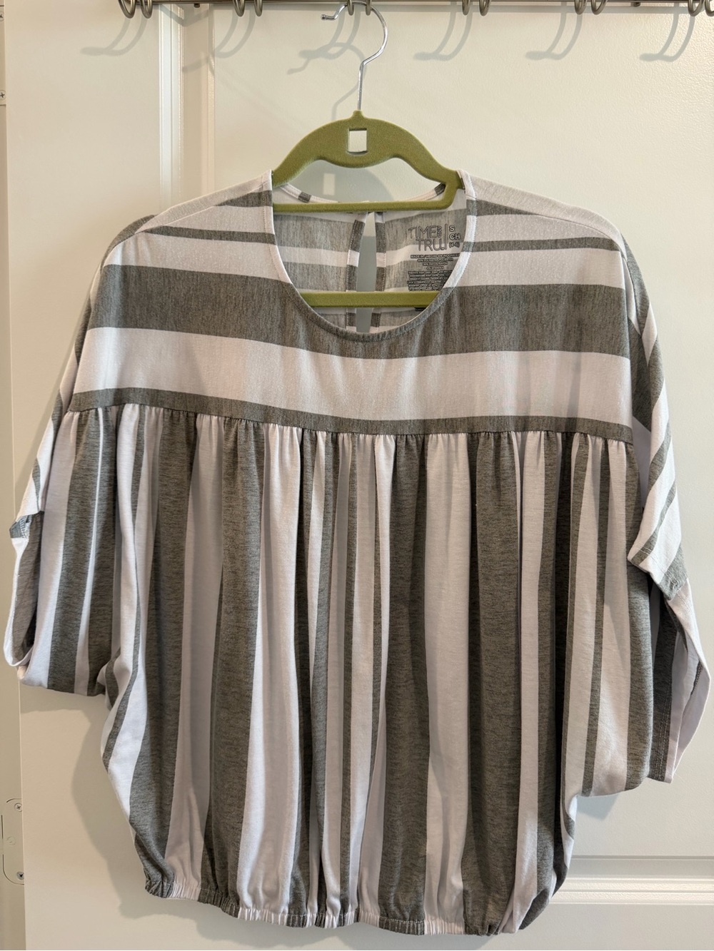 Time and Tru Gray & White Striped Bubble Hem Women's Top